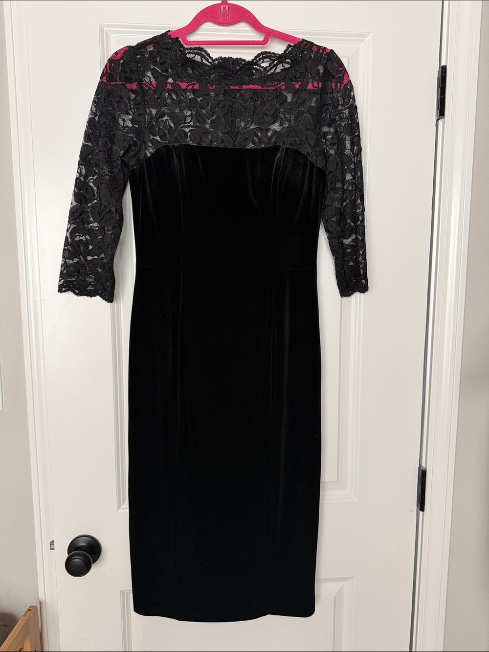 Eliza J Black Velvet Midi Dress with Lace Yoke
